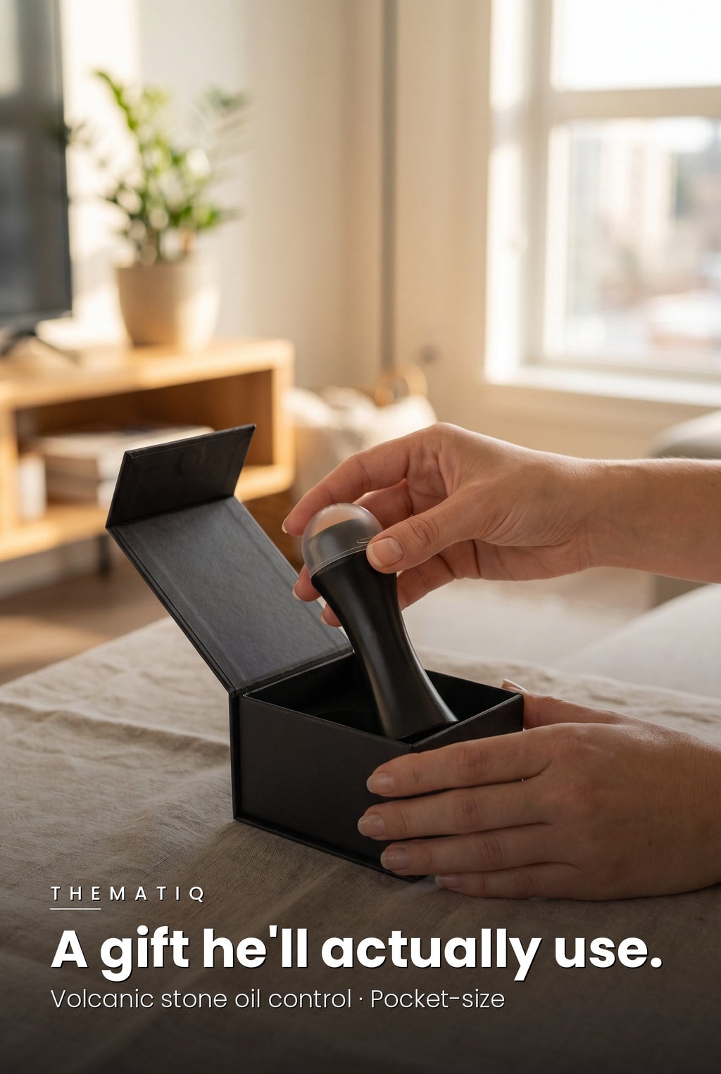 THEMATIQ volcanic stone face roller, a practical gift for men