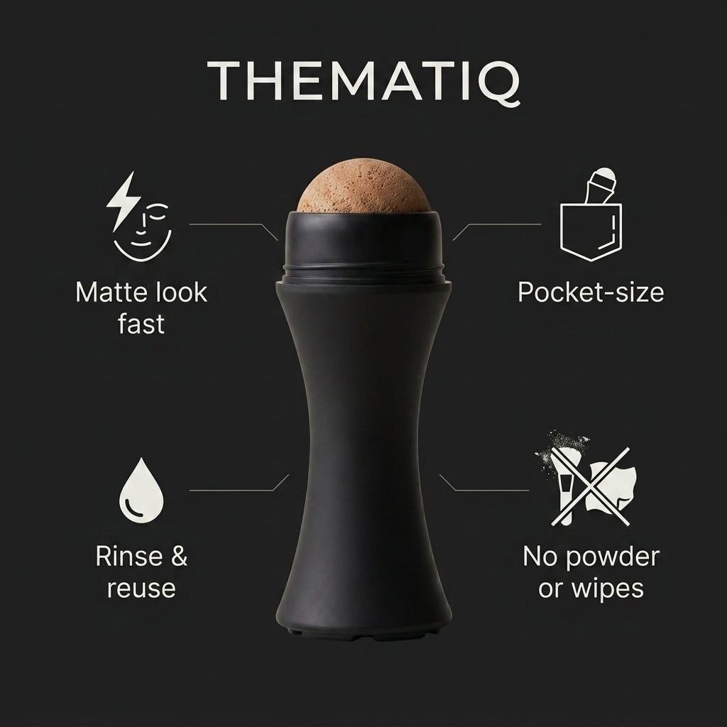THEMATIQ face roller benefits: matte look, pocket-size, rinse and reuse, no powder