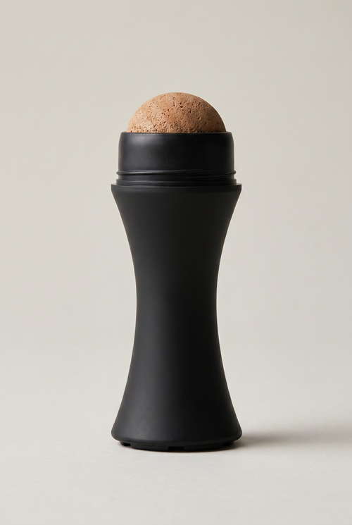 THEMATIQ volcanic stone oil-control face roller for men, matte black with natural tan stone tip