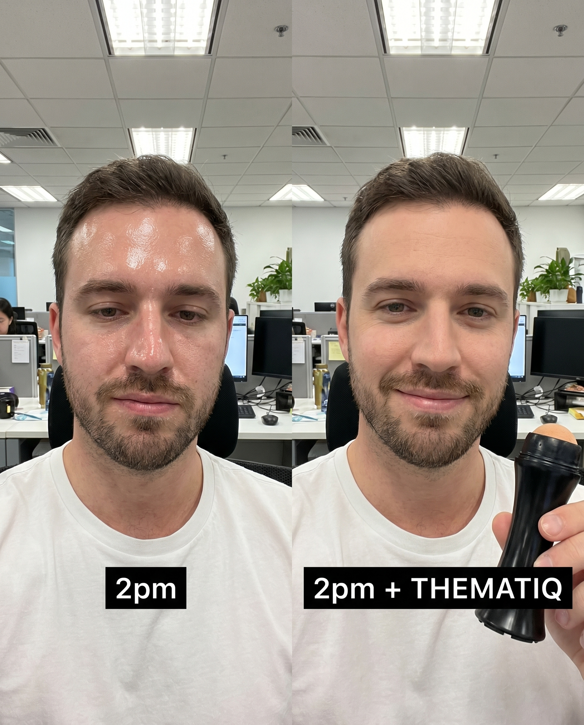 Man using THEMATIQ oil-control face roller to reduce facial shine