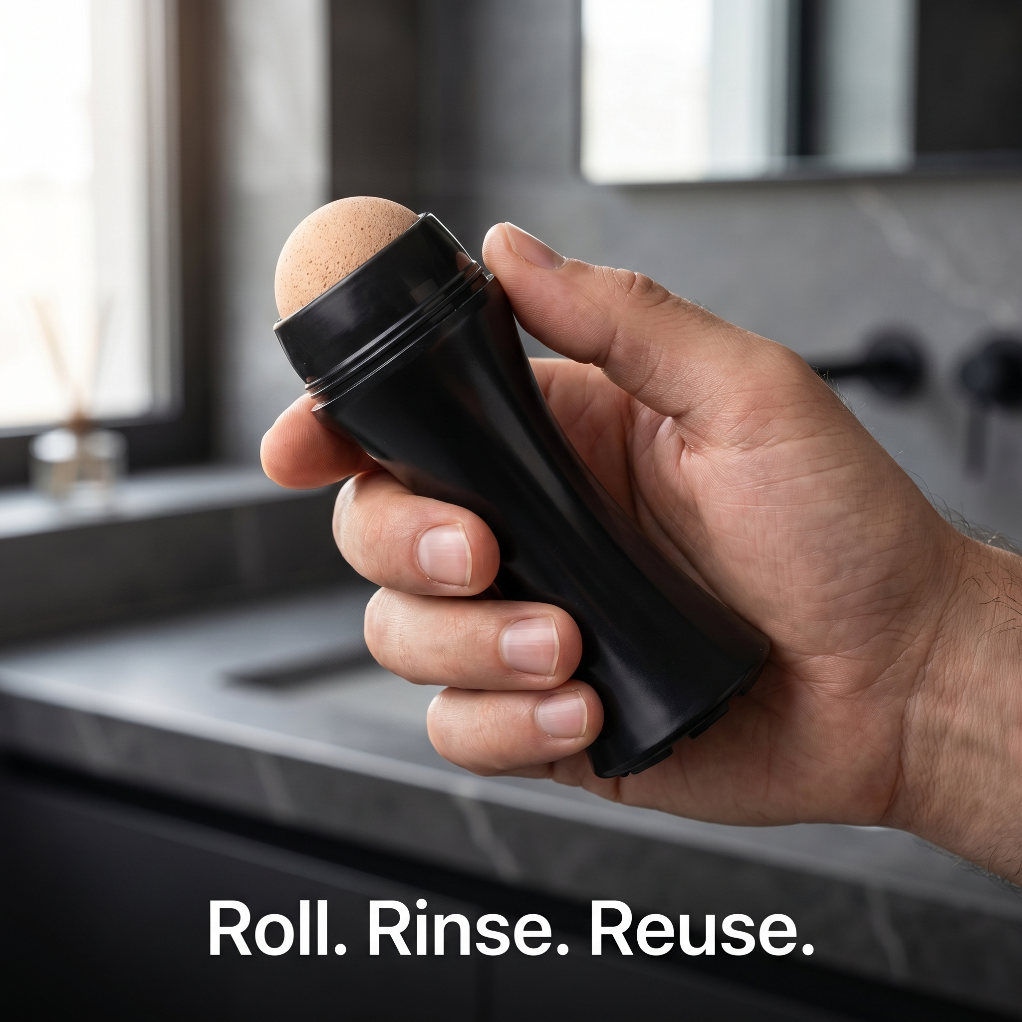 THEMATIQ volcanic stone face roller for oily skin held in hand